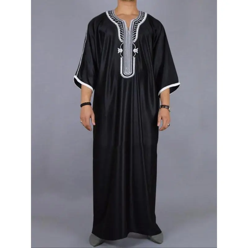 Men's Embroidered Contrast Binding Kaftan, Modest Notched Neck Batwing Sleeve Kaftan, Kaftans for Men, Pakistani Clothes, Thobes for Men, Men's Islamic Clothing, Muslim Summer Outfits 2024, Saudi Men's Dress, Modest Outfits, Modesty Clothing