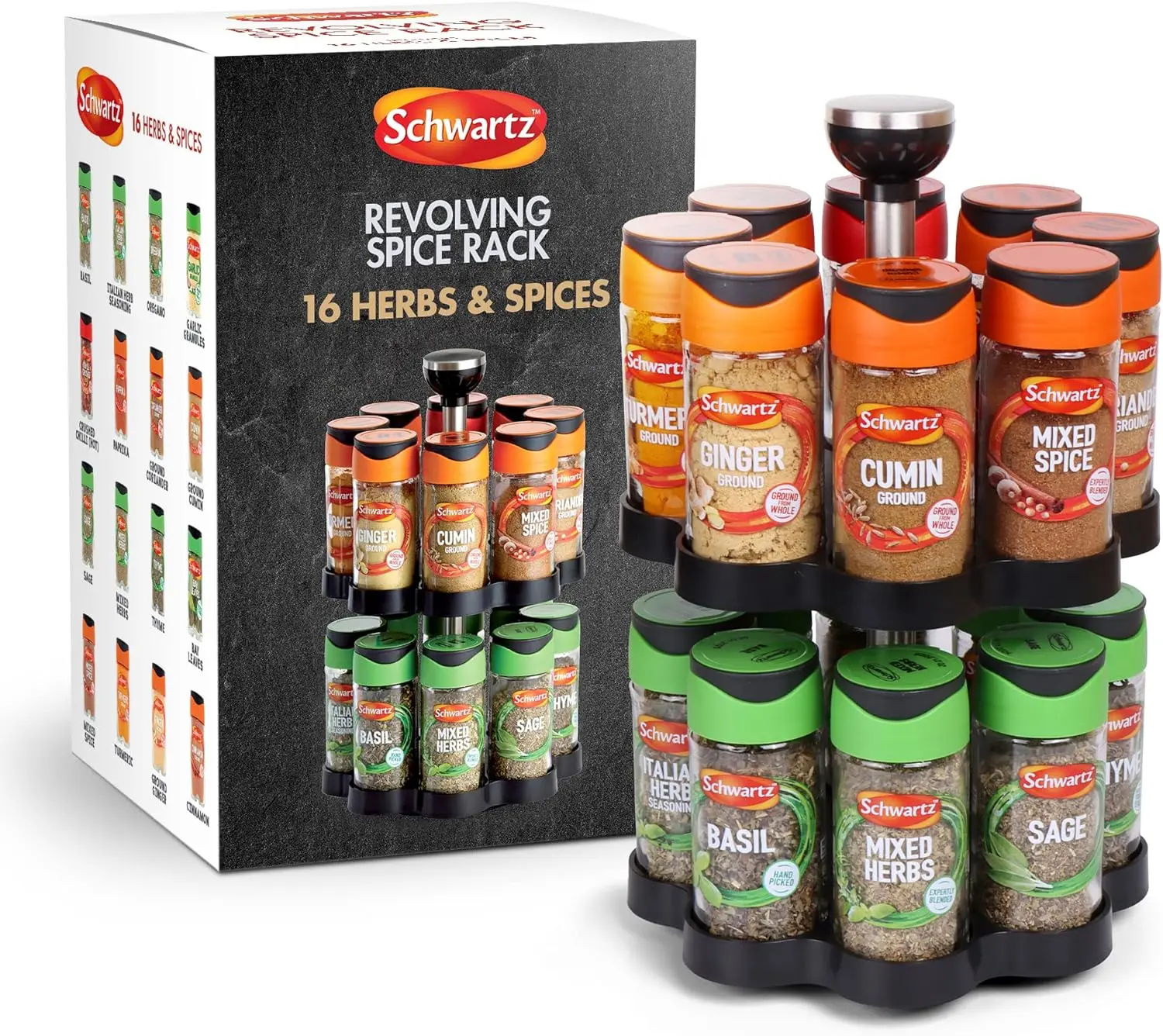 Rotating Spice Rack with Spices Included, Spice Rack for Inside Cupboard, Kitchen Organiser, Kitchen Countertop Spice Rack, Includes 16 Schwartz Herbs and Spices Jars