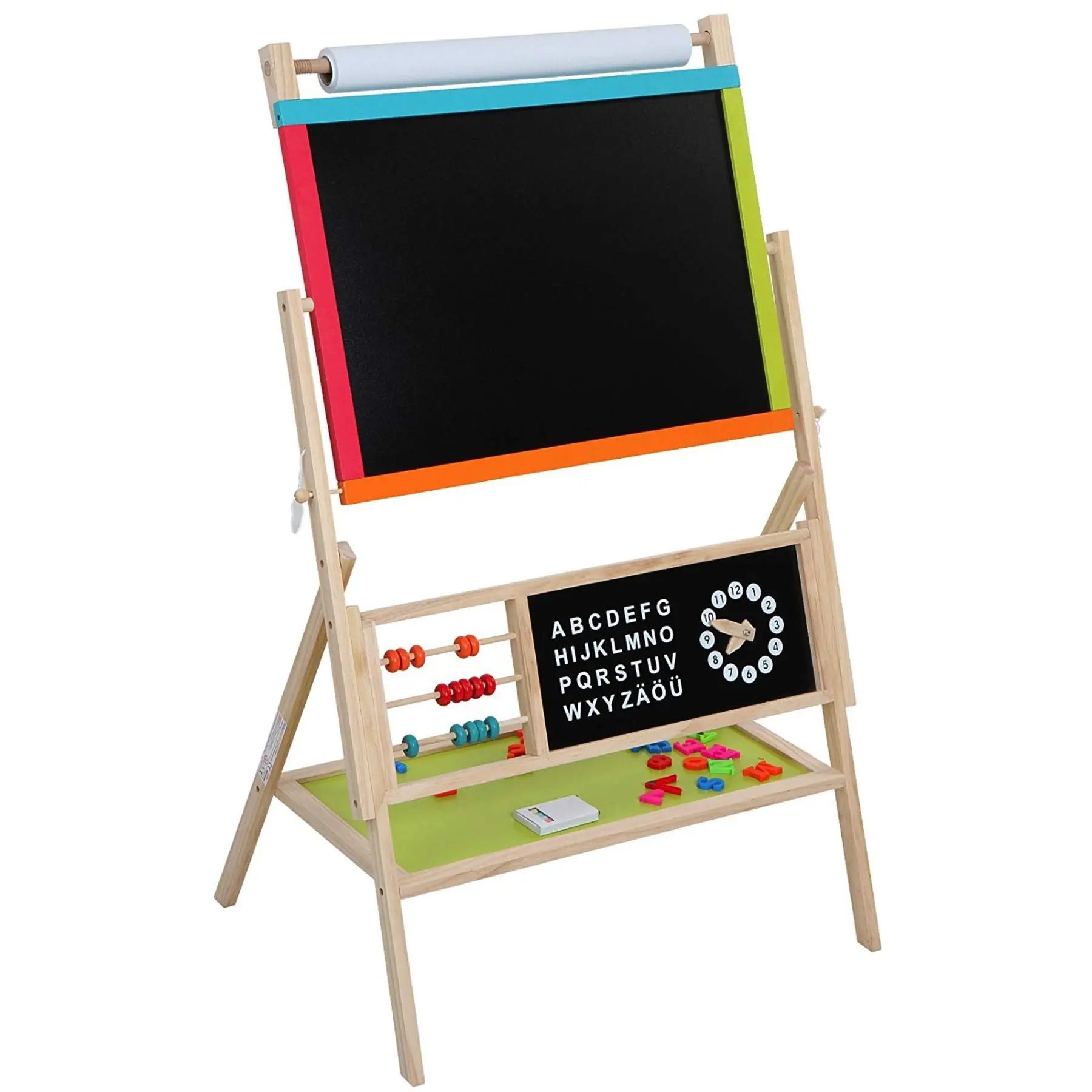 HYGRAD® Wooden Children Kids Easel with Accessories - Clock Abacus Alphabet Chlaks Sponges Magnetic Letters and Numbers