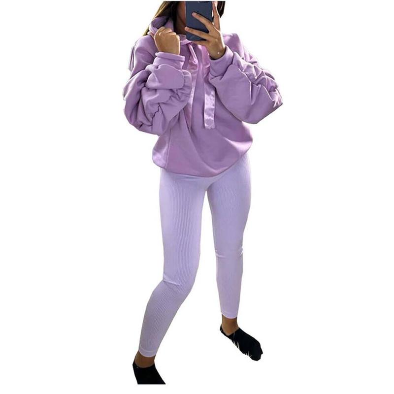 Womens Ruched Sleeve Oversized Hooded With Ribbon Ladies Sweatshirt Jumper Top 7