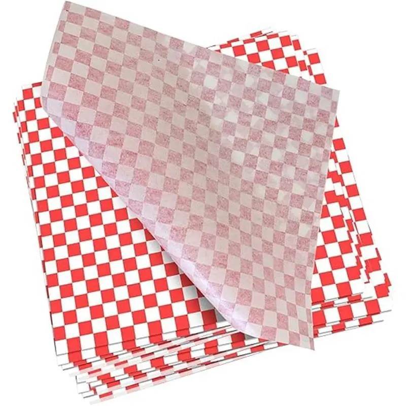 Greaseproof Paper Sheets, 100 Pcs Food Burger Wrap Paper Grease Proof Fish and Chip Burger Sandwich Wrapping Sheets Red Printed Bakeware Classic 2