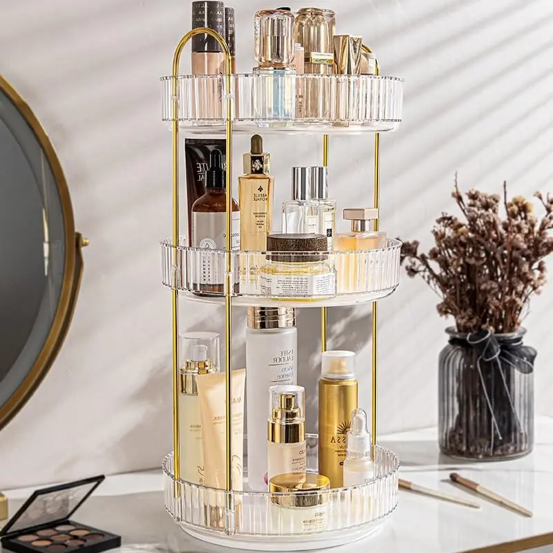 3 Tier Make up Organizer, 360° Rotating Dressing Table Cosmetic Box, Spinning Skincare Storage Shelf, Transparent Beauty Gift Racks