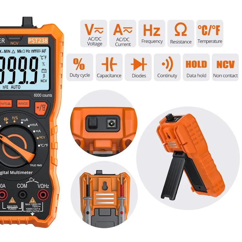 Multimeter TRMS 6000 Counts Auto Manual Range Multimeter Tester with DC/AC Voltage DC/AC Current NCV Detector Temperature Capacitance Resistance Diode Continuity Tester with Cloth Bag 1