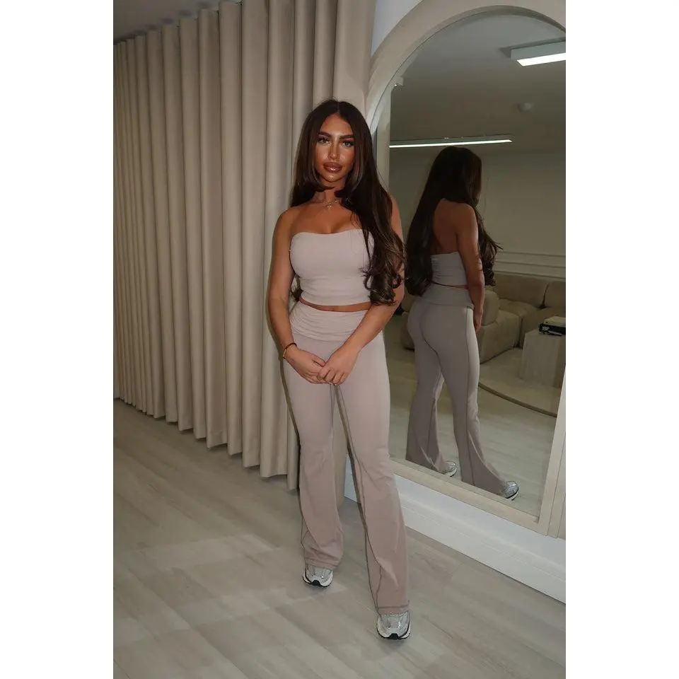 Beige bandeau top & flare pant two piece set