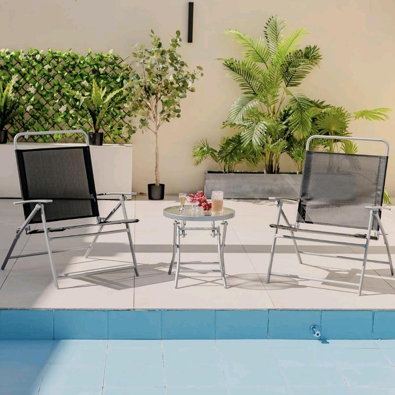 3PCS Patio Bistro Set, Garden Folding Chairs and Table Set with Ripple-like Glass Tabletop, Metal Frame Outdoor Dining Furniture Conversation Set for Balcony, Deck, Yard, Poolside 0