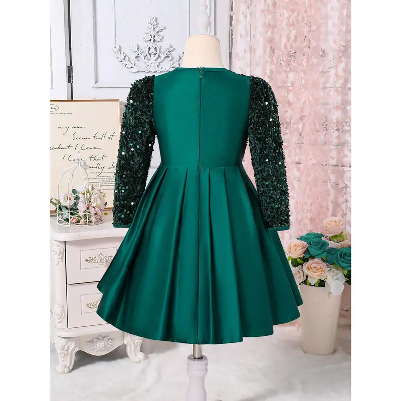 Glamorique Kids Young Girl Sequin Patchwork Round Neck Net Tulle Bowknot Elegant Princess Dress 1
