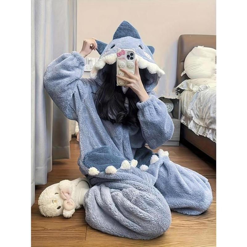 Women's Cartoon Shark Design Pocket Drop Shoulder Plush Loungewear Onesie, Casual Cute Long Sleeve Hooded PJ Onesie for Fall & Winter, Lady's Sleepwear for Indoor Wear, Boo Basket Items for gf 5