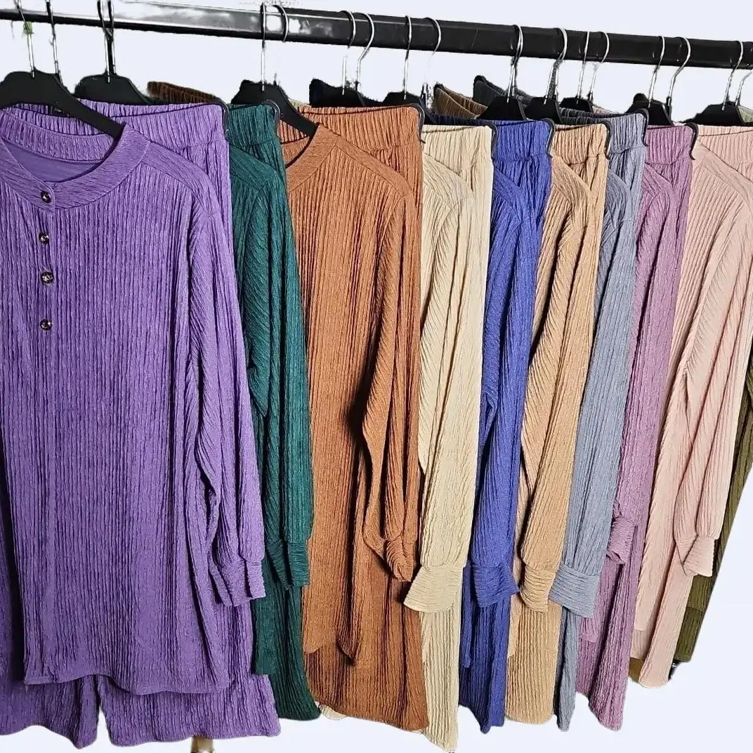 Modest Wear Women's Crinkle Plisse Effect Round Neck Front Buttons Trouser Pockets Two Piece Co-Ord Set with Wide Leg Trouser Autumn Fashion, Uk Size 8-18