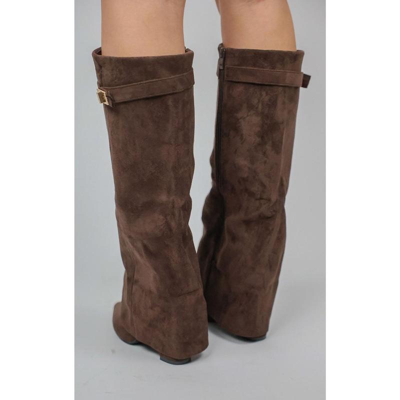 Brown Faux Suede Fold Over Shark Classic Buckle Knee High Boot 4