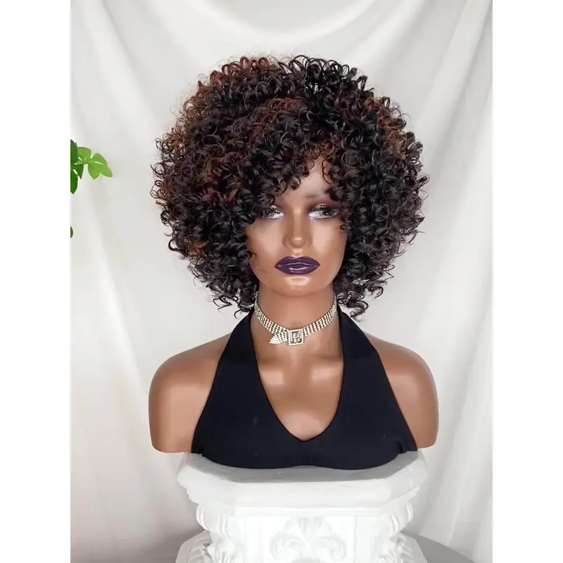 Elegant Afro Curly Kinky 12-inch Short Wig for Women, Elastic Cap, 130% Density, High Temperature Fiber, Natural Black and Brown, Heat Resistant Synthetic Hair Replacement for Daily Wear, Festive Outfits, and Parties 6