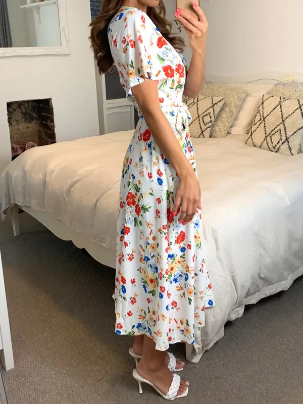 SilkFred Floral Wrap Midi Dress In White Casual Short Womenswear Feminine babydoll 3