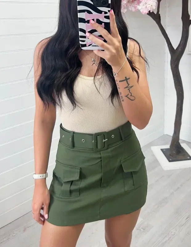 New Women's High Waisted Cargo Skort Summer Short Belted And Pockets Viral Skirt Cotton Casual 3