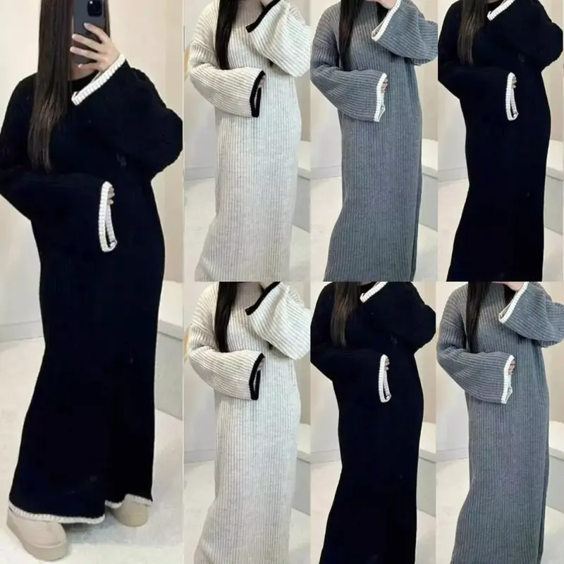 Ladies Women's Girls Long Sleeve Blanket Stitch Cable Knitted Maxi Dress Round Neck Ribbed Cable Knit Winter Wear Long Dress 1