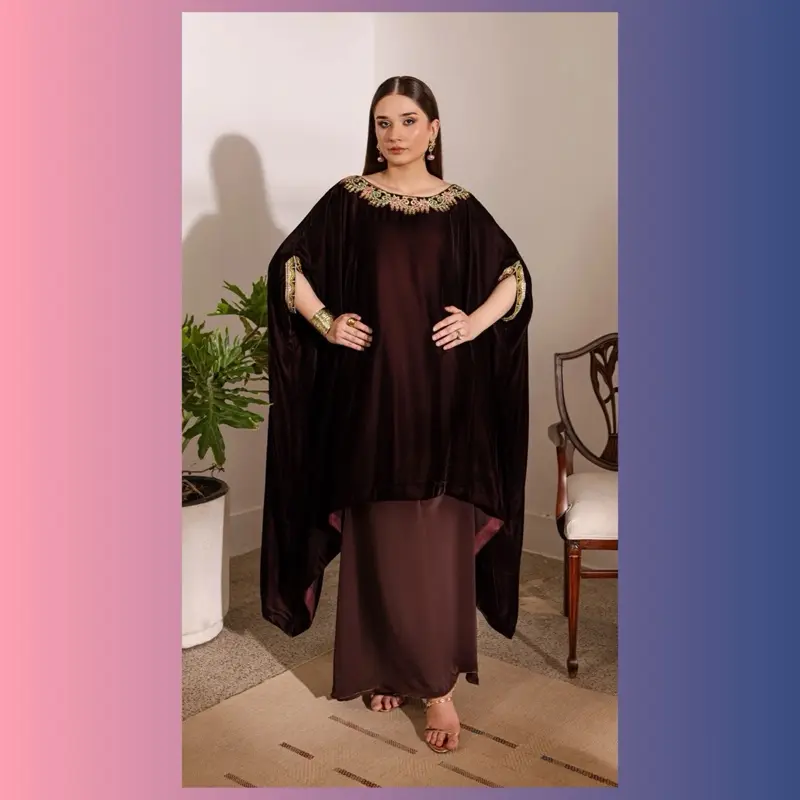 Eid outfit Micro Velvet Tilla Work Cape with Rawsilk Palazzo