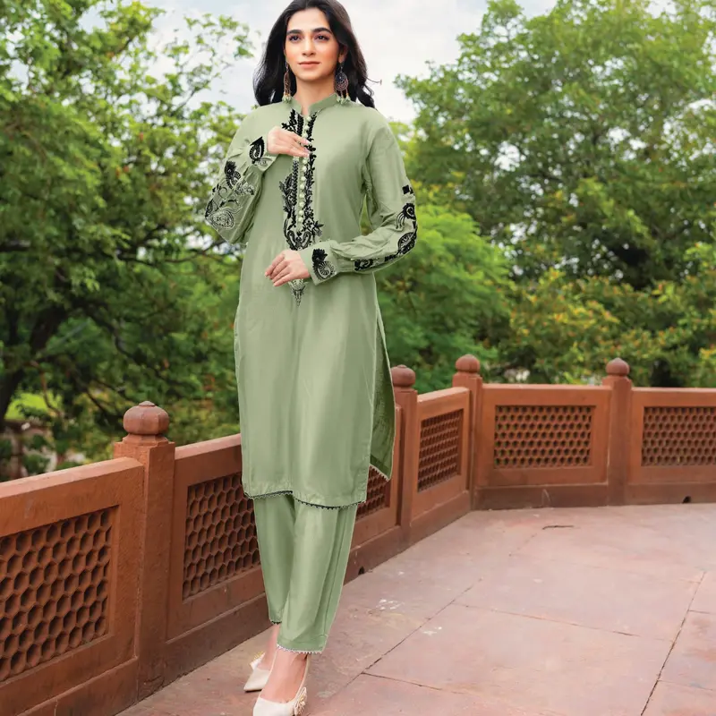 Haneen Collection By Momina Designer | PD-440-5 - 2 Piece Stone Linen Embroidered Kurti With Trouser  | Womenswear Elegance 0