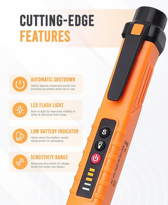 ULTRICS Voltage Tester, 12V-1000V Non-Contact AC Voltage Detector Pen, Adjustable Sensitivity Electric Tester with LED Flashlight, Live/Null Wire Judgment and Breakpoint Finder (Orange) 2