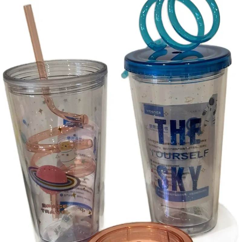 Plastic Cup with curly Straw - Perfect for Drinking - Bottles, Drinkware Stylish, Portable, Reusable Washable
