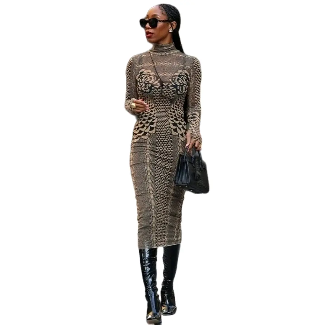 Two Piece Mesh Brown Print  Bodycon Midi Dress with Black Slip Womenswear Feminine High Neck Statement Fitted Casual Style Turtle Turtle Neck Comfort Fashion  Summer Long Sleeve Sleeve slim-fitting plain revenge  dress