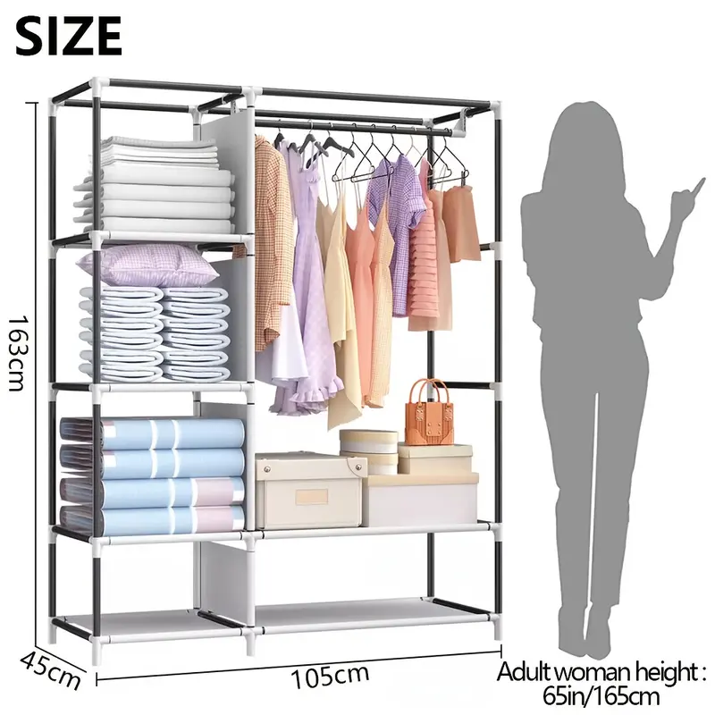A Set Stylish Grey Canvas Wardrobe With 3 Storage Bins - Easy Assembly Durable & Spacious Closet Organizer For Home Bedroom Folding Clothes Storage Solution Portable Closets 3
