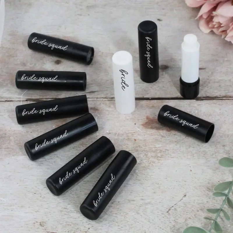 GiftsinaJiffy Black Bride Squad Lip Balms, White Bride Lip Balm, Black Hen Party Theme, Vanilla Flavour, Goody Bag Favour for Hen Do, Hen Party Bag Filler Compact Gentle Skincare Comfort 5