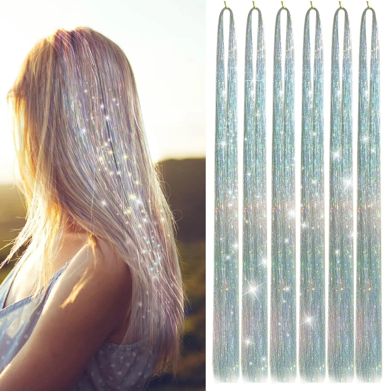Hair Tinsel Kit with 47INCH 1200 Strands Heat Resistant Glitter Tinsel Hair Extension, Sparkling Shinny Fairy Hair Accessories for Women Girls Kids Festival Party Dazzle