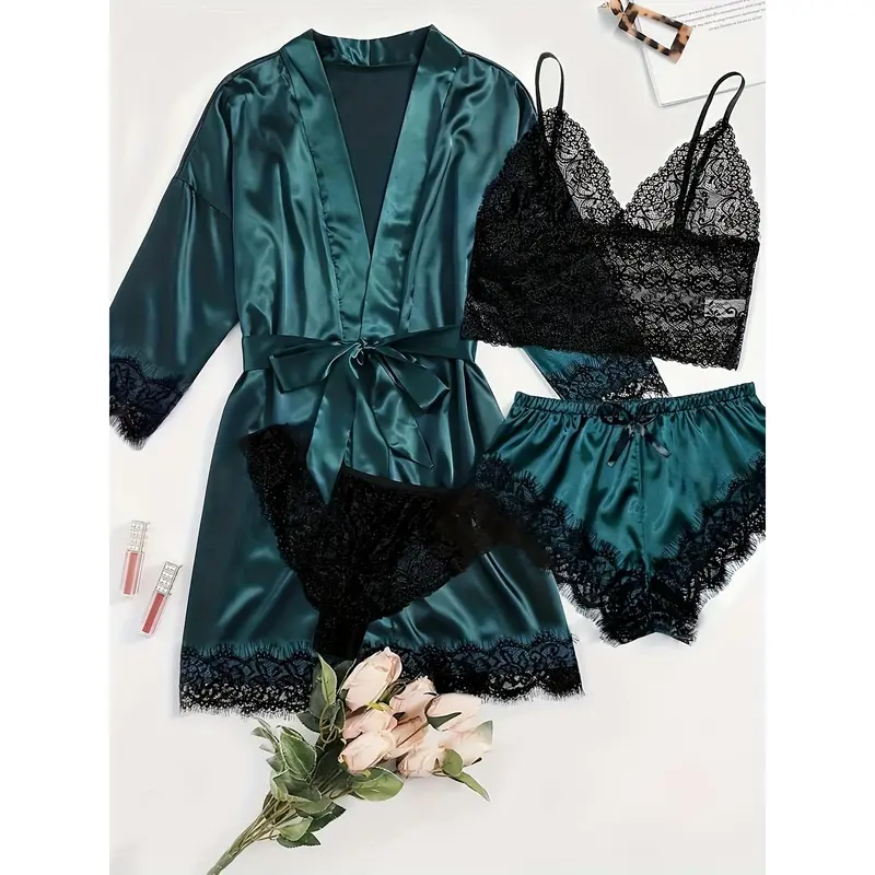 Elegant Satin Breasted Set With Lace Contrast, Three-Quarter Sleeve Gown With Belt And Camisole Bra And Trousers And Elastic Shorts, Home Wear For Women Womenswear Lingerie 8