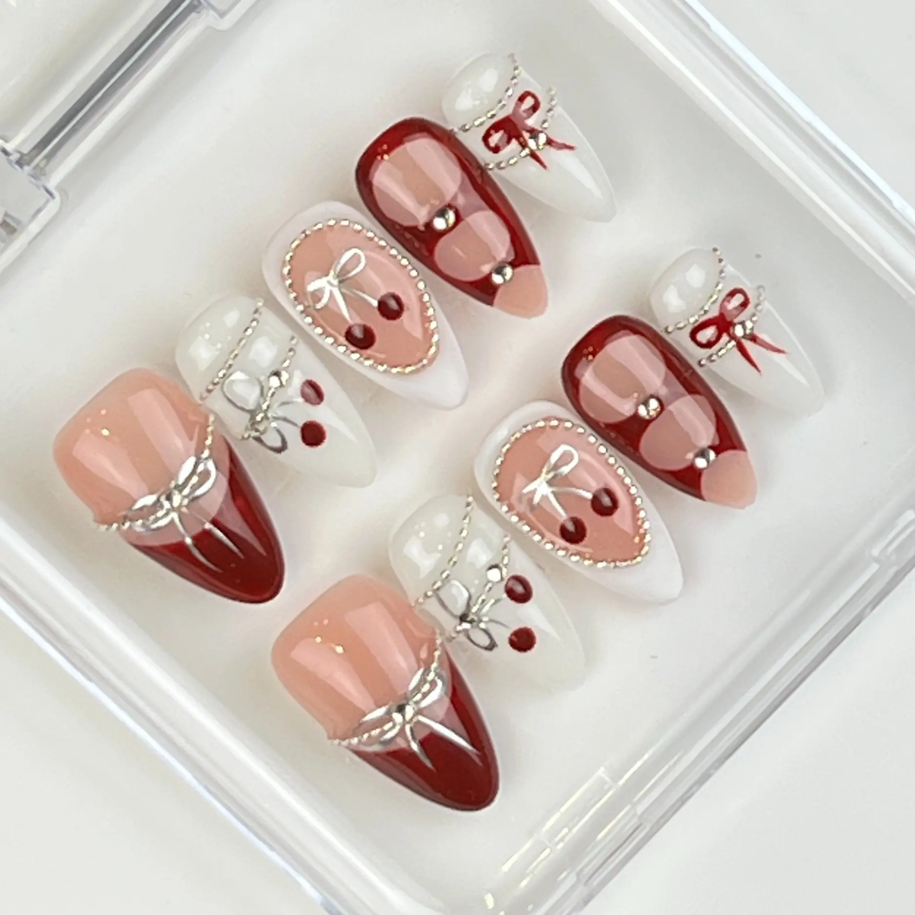 L31**Cherry Elegance** - Handmade Press On Nails, Salon Acrylic Gel Quality, 10pcs, False Nails, Medium Almond, luxury design, premium quality False Nail By Illuminails Nail Polish Manicure