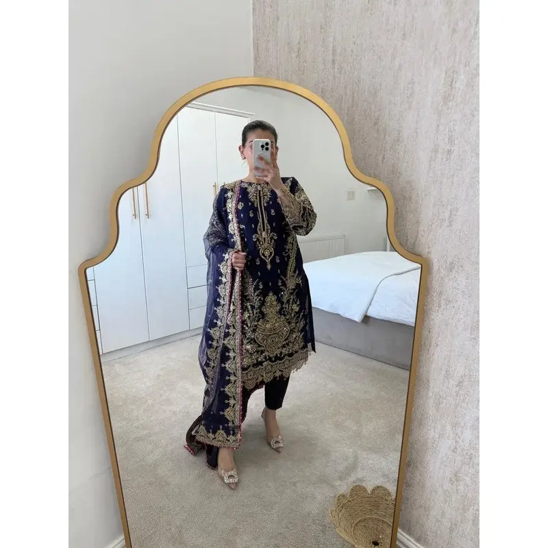 Navy Elegance - chiffon embroidered shirt and duppata with trouser. 2