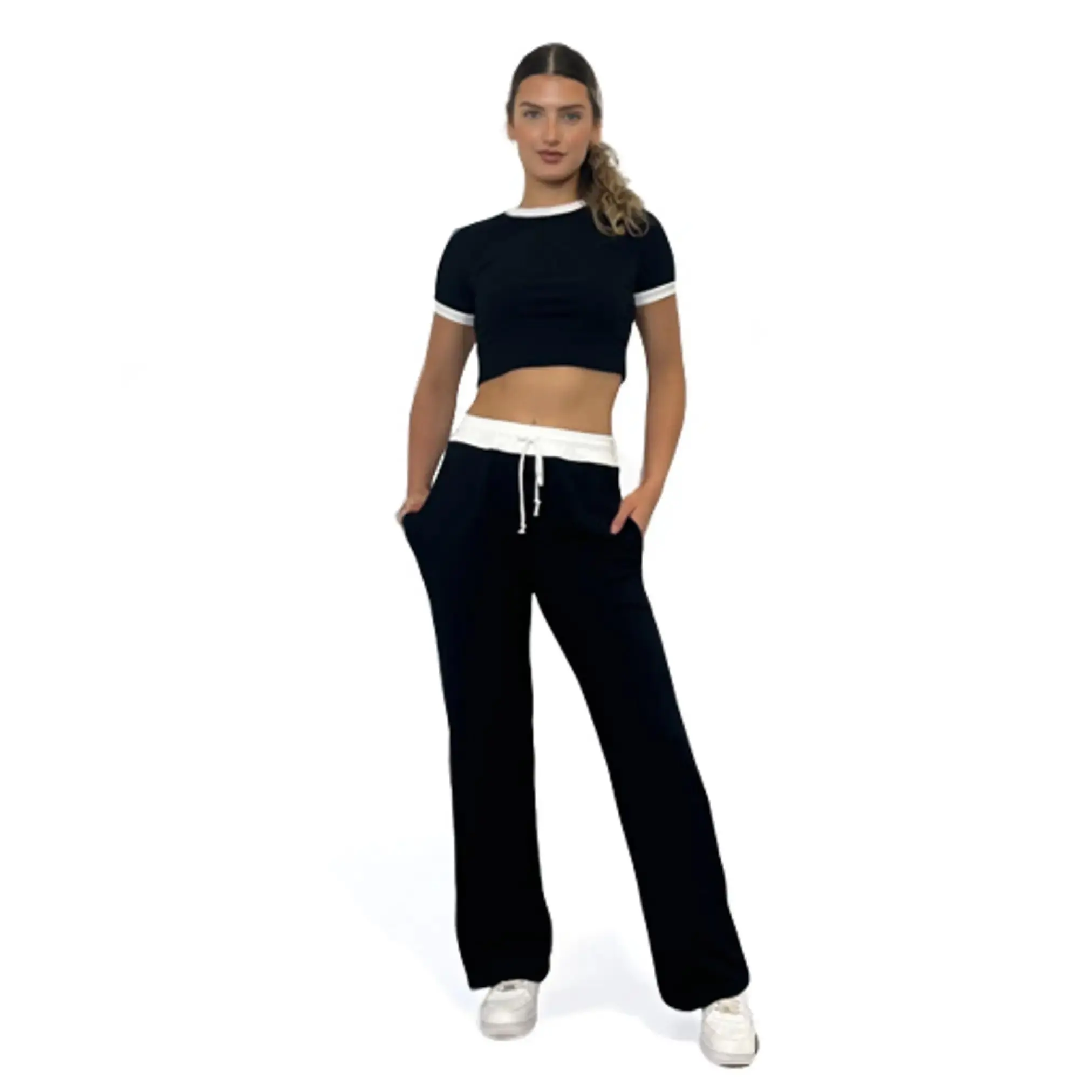 [HouseOfTrendz] BETHANY Contrast Waistband Trouser And Crop Top Co-Ord Comfort Minimalist Clothing Shortsleeve Spring Sexy Suits