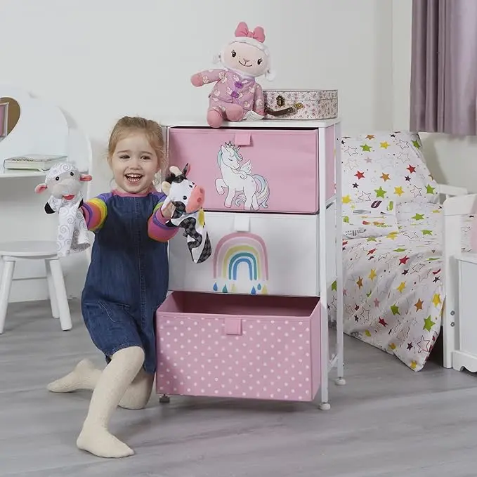 Furniture Storage Chest for Kid’s, Bedroom, Nursery, Playroom, Clothes, Toy Storage - Steel Frame, Wood Top, 3 Fabric Bins