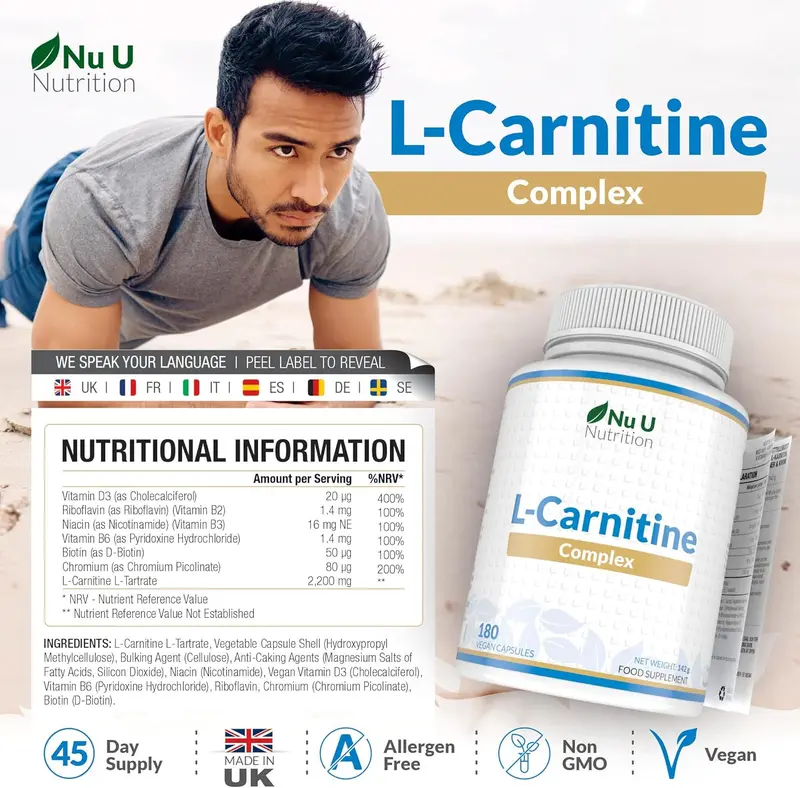 L-Carnitine Complex 2200mg - 180 High Strength Vegan Capsules - with Riboflavin, Biotin, Chromium, Vitamin D, B3 & B6 - L Carnitine Tartrate Supplement - Made in The UK - Nu U Nutrition 1