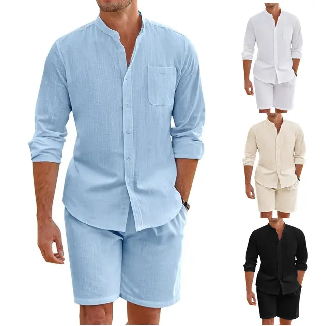 2025 Men Summer Cotton Linen Comfortable Button Long Sleeve Shirt + Shorts Simple 2 Piece Set Casual Beach Wear Men's Suits