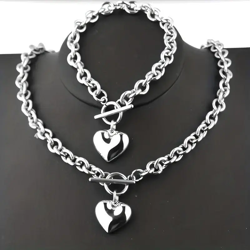 Elegant Stainless Steel Heart Pendant Necklace & Bracelet Set for Women - Perfect for Daily Wear or Vacation, Valentine's Gift
