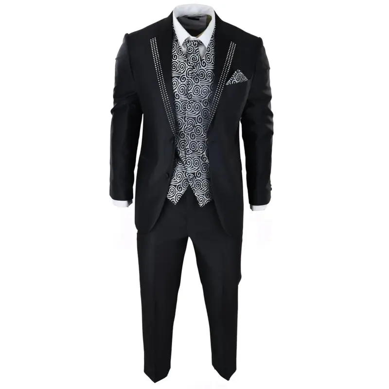 Men's Wedding 3 Piece Black Suit Silver Cravat Waistcoat Groom Bestman 1