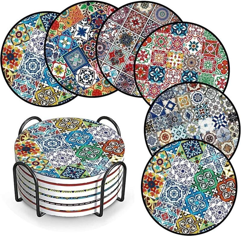 Turkish Patterned Coasters for Drinks Pack of 6 Ceramic Marble Coasters with Metal Holder, 4 Inches 8 Different Mandala Patterns, Suitable for Wooden Table and Kinds of Cups Tableware Round Set Tea Coffee 3