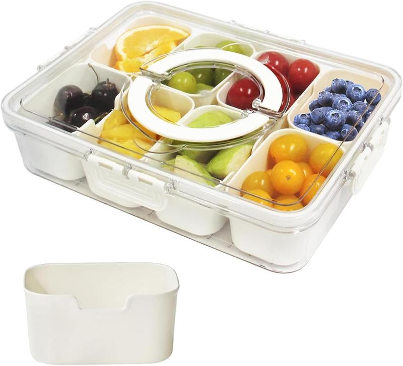Divided Serving Tray with Lid & Handle, Snack Box Container , Plastic Portable Food Storage Container Snack Platters, 8 Removable Compartment Box for Parties, Reusable Appetizer Clear Organizer for Veggie, Candy, Fruit,Nut Kitchen Utensils Sturdy 2