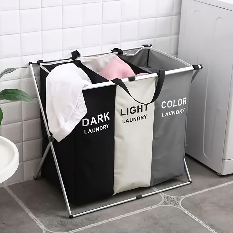 Large Laundry Basket 3 Sections Aluminium Folding Laundry Cloth Basket Oxford Washing Hamper Bin Sorting Storage Bag Light Dark Color 5