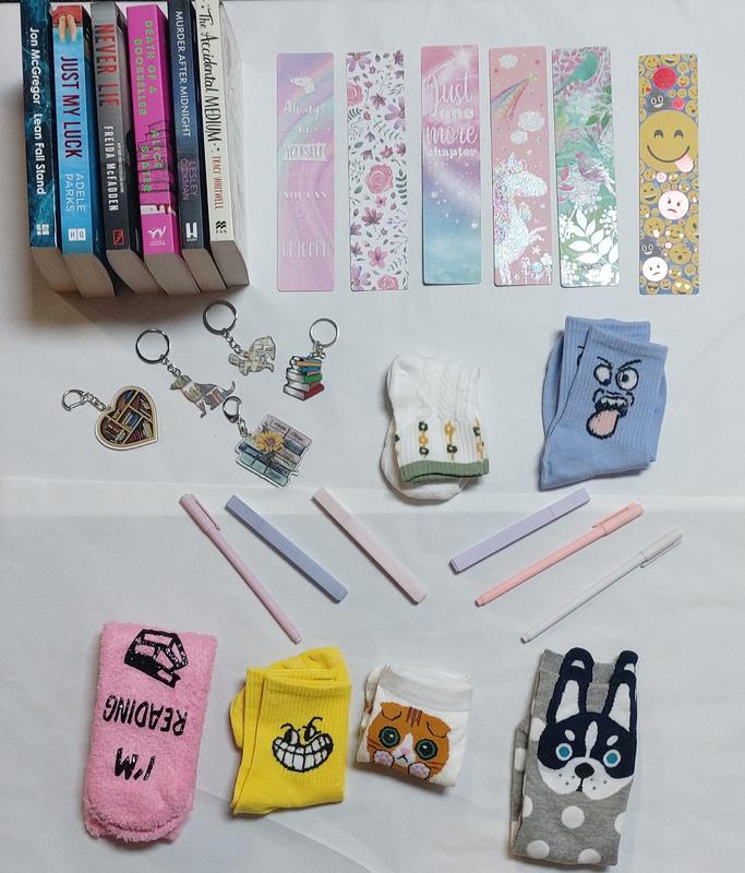 Mystery Box with 5 Items: Book, Bookmark, Keychain, Pens, and Socks 0