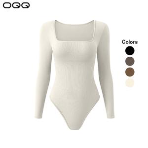 OQQ Women's  Bodysuits Sexy Ribbed One Piece Square Neck Long Sleeve Bodysuits Soft Stretchy Womenswear Tops Lady