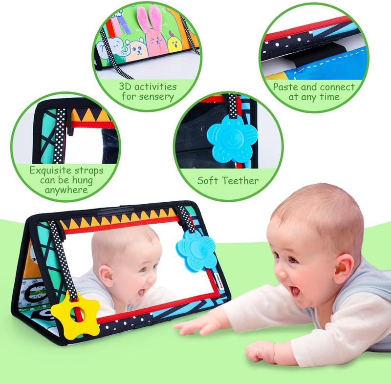 Cute Pattern Baby Tummy Time Mirror, Colorful Foldable Baby Mirror Toy With Rattle,Colorful Baby Sensory Toys For Gift,Baby Toys 1