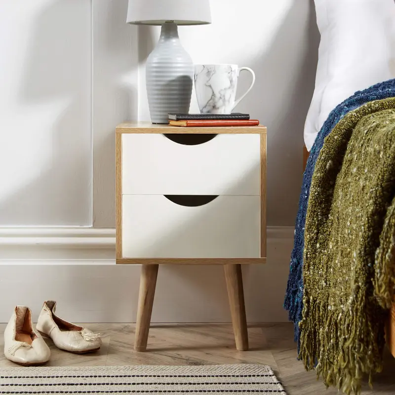 Big Furniture Warehouse Bedside Cabinet 2 Drawer Oak White Lamp Side Table Solid Wood Legs Scandi Style 3