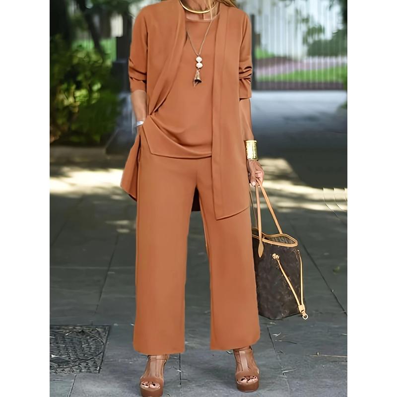 Casual Three-piece Solid Set, Long Sleeve Cardigan & Top & Long Pants Outfits, Women's Clothing 5
