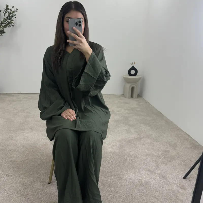 Women's V-Neck Flare Sleeves Linen Feel Two Piece Wide Sleeves, Wide Trouser Modestwear, Holiday Set,ModesstWear Womenswear Casual Comfortable Overalls 1