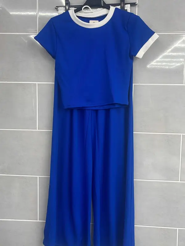 Women's Ladies Rib Contrast Trim Crop Top Plisse Wide Leg Trouser Lounge Wear Set 8