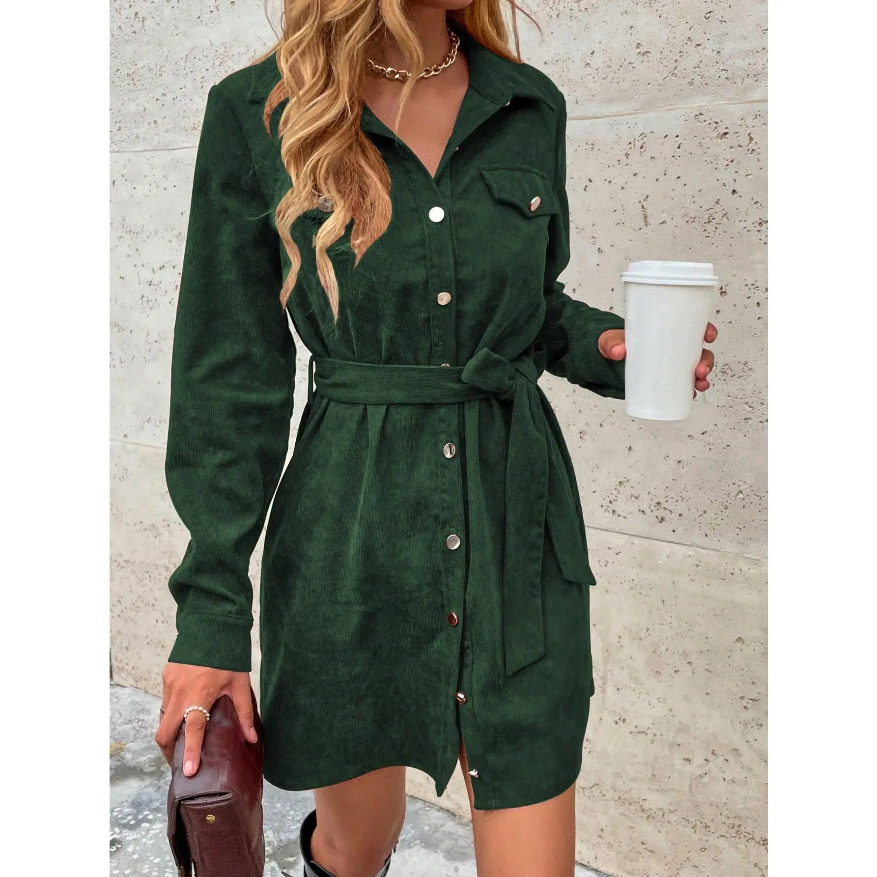LUNE Flap Detail Belted Corduroy Shirt Dress Casual Fit