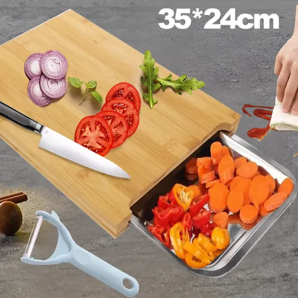 WOODEN BAMBOO CHOPPING BOARD CUTTING SLICING WITH SLIDING STAINLESS STEEL TRAY, bamboo chopping board, kitchen tool, food preparation, non-slip, eco-friendly, durable, hygienic, versatile, modern, cutting board, Knives kitchen accessories