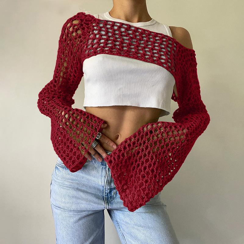 Product Introduction of Women Big Fishnet Long Sleeve Cropped Sweaters Summer Fashion Lady O-Neck Flare Sleeve Hollow Out Short Knitted Pullovers Knitwear Womenswear 16