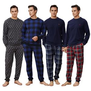 Mens Fleece Pyjama Set with Long Sleeve T-Shirt & Bottom Pants Sleepwear Loungewear & Nightwear for Men Soft & Comfortable Top & Trousers Size S-XL Fabric Menswear Homewear Pjs Pajama Set Small Checked Plaid