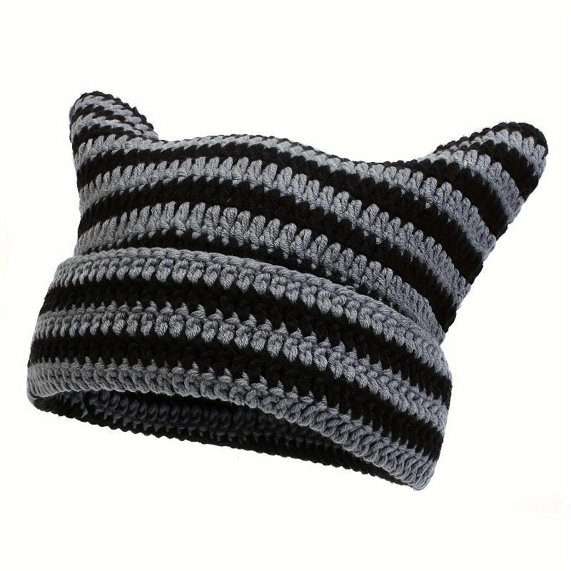 1pc Little Devil Cat Ear Pure Handmade Crochet Knitting Bean Hat, Unisex Outdoor Street Casual Fashion Hip-hop Hat, Cool Versatile Hood 2