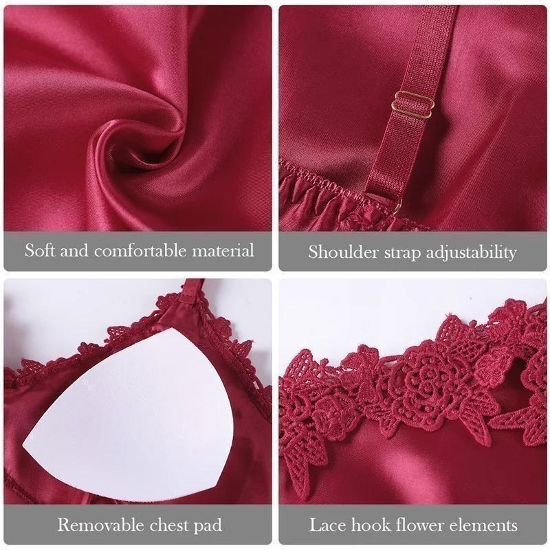 Product Introduction of 5PC Silk Robe Sleep Suit Womens Lace Satin Pajamas Gown Set V-Neck Cami Nighties Wear Pijama Home Nightwear Spring Nightdress 7